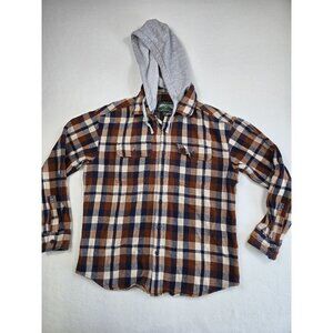 Vintage American Eagle Y2K Mens Plaid Flannel Shirt Hood M Brown & Blue Thick